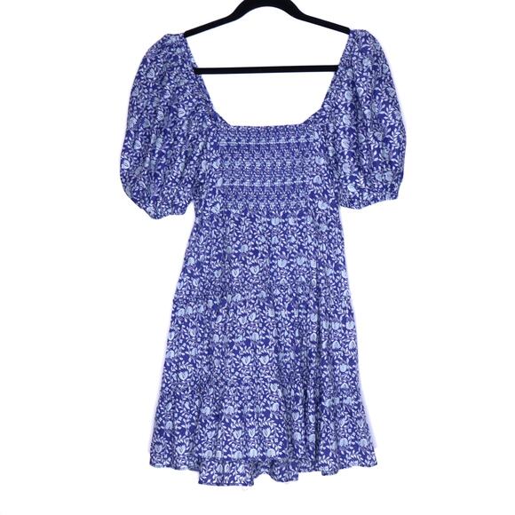ZARA Printed Puff Sleeve Peasant Mini Dress Blue Tassel Tie Smocked Women's S - Picture 2 of 10